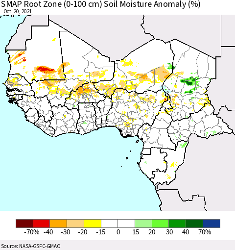 Western Africa SMAP Root Zone (0-100 cm) Soil Moisture Anomaly (%) Thematic Map For 10/16/2021 - 10/20/2021