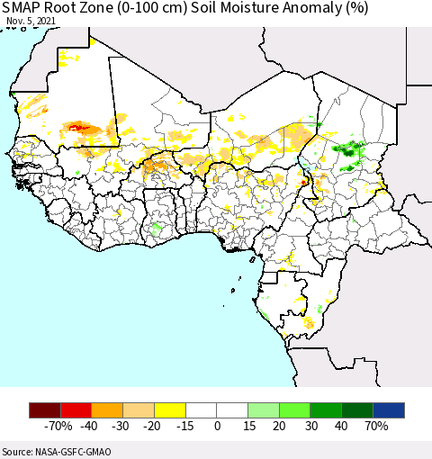 Western Africa SMAP Root Zone (0-100 cm) Soil Moisture Anomaly (%) Thematic Map For 11/1/2021 - 11/5/2021