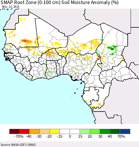 Western Africa SMAP Root Zone (0-100 cm) Soil Moisture Anomaly (%) Thematic Map For 11/6/2021 - 11/10/2021