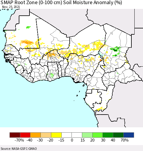 Western Africa SMAP Root Zone (0-100 cm) Soil Moisture Anomaly (%) Thematic Map For 11/21/2021 - 11/25/2021