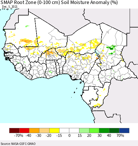 Western Africa SMAP Root Zone (0-100 cm) Soil Moisture Anomaly (%) Thematic Map For 12/1/2021 - 12/5/2021