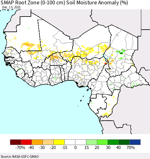 Western Africa SMAP Root Zone (0-100 cm) Soil Moisture Anomaly (%) Thematic Map For 12/11/2021 - 12/15/2021