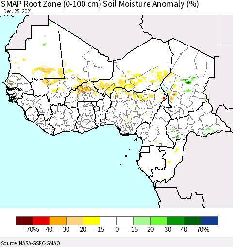 Western Africa SMAP Root Zone (0-100 cm) Soil Moisture Anomaly (%) Thematic Map For 12/21/2021 - 12/25/2021