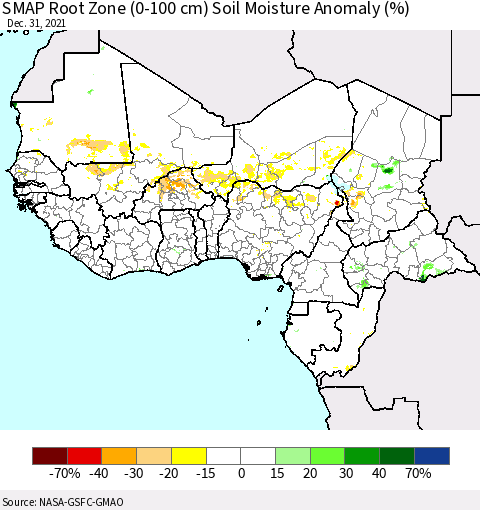 Western Africa SMAP Root Zone (0-100 cm) Soil Moisture Anomaly (%) Thematic Map For 12/26/2021 - 12/31/2021