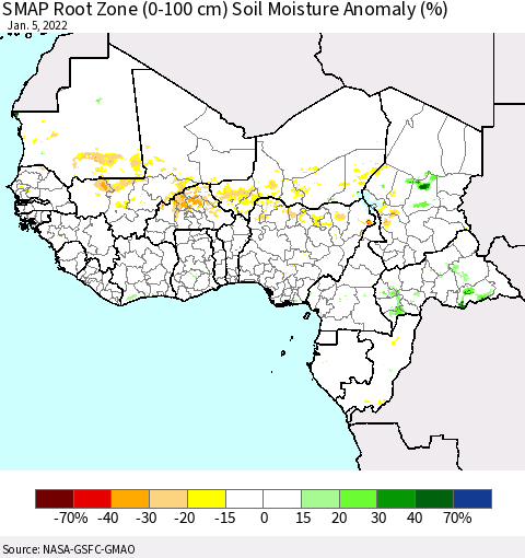 Western Africa SMAP Root Zone (0-100 cm) Soil Moisture Anomaly (%) Thematic Map For 1/1/2022 - 1/5/2022