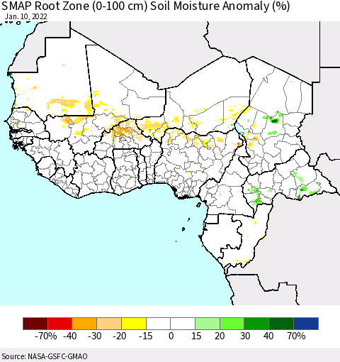 Western Africa SMAP Root Zone (0-100 cm) Soil Moisture Anomaly (%) Thematic Map For 1/6/2022 - 1/10/2022