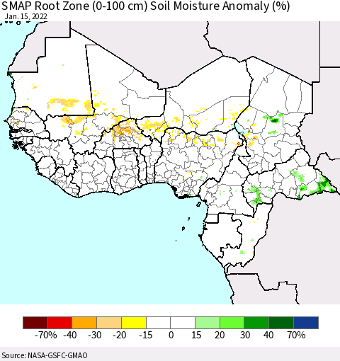 Western Africa SMAP Root Zone (0-100 cm) Soil Moisture Anomaly (%) Thematic Map For 1/11/2022 - 1/15/2022