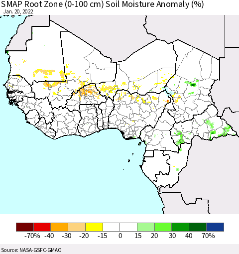 Western Africa SMAP Root Zone (0-100 cm) Soil Moisture Anomaly (%) Thematic Map For 1/16/2022 - 1/20/2022