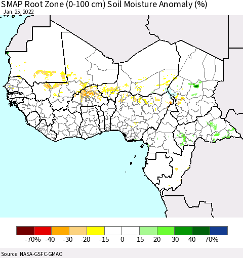 Western Africa SMAP Root Zone (0-100 cm) Soil Moisture Anomaly (%) Thematic Map For 1/21/2022 - 1/25/2022