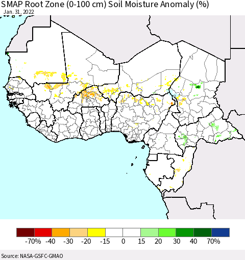 Western Africa SMAP Root Zone (0-100 cm) Soil Moisture Anomaly (%) Thematic Map For 1/26/2022 - 1/31/2022