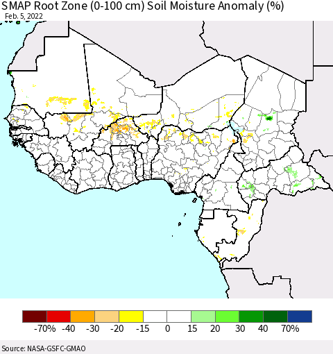 Western Africa SMAP Root Zone (0-100 cm) Soil Moisture Anomaly (%) Thematic Map For 2/1/2022 - 2/5/2022