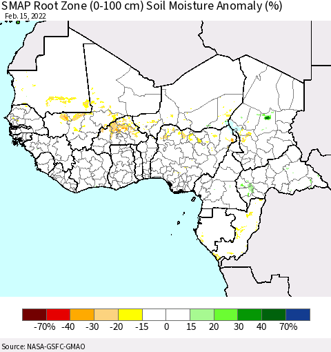 Western Africa SMAP Root Zone (0-100 cm) Soil Moisture Anomaly (%) Thematic Map For 2/11/2022 - 2/15/2022