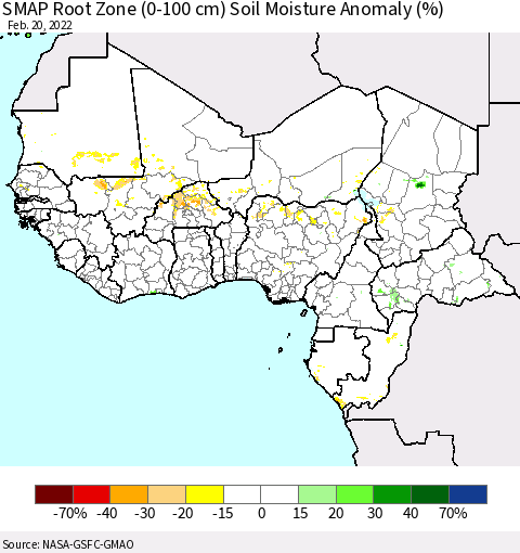 Western Africa SMAP Root Zone (0-100 cm) Soil Moisture Anomaly (%) Thematic Map For 2/16/2022 - 2/20/2022