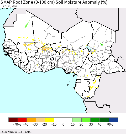 Western Africa SMAP Root Zone (0-100 cm) Soil Moisture Anomaly (%) Thematic Map For 2/26/2022 - 2/28/2022