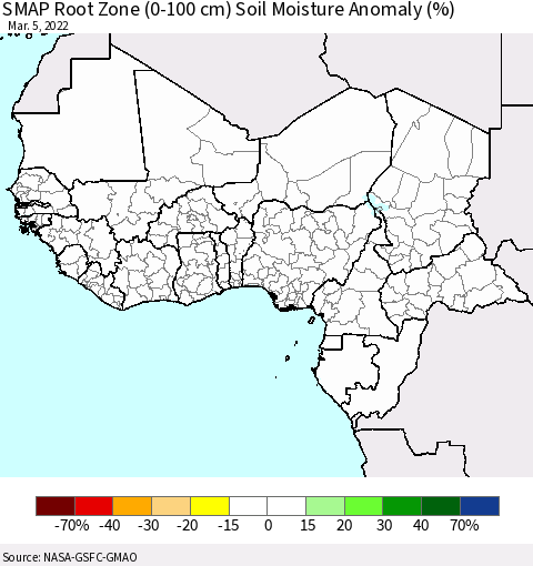 Western Africa SMAP Root Zone (0-100 cm) Soil Moisture Anomaly (%) Thematic Map For 3/1/2022 - 3/5/2022