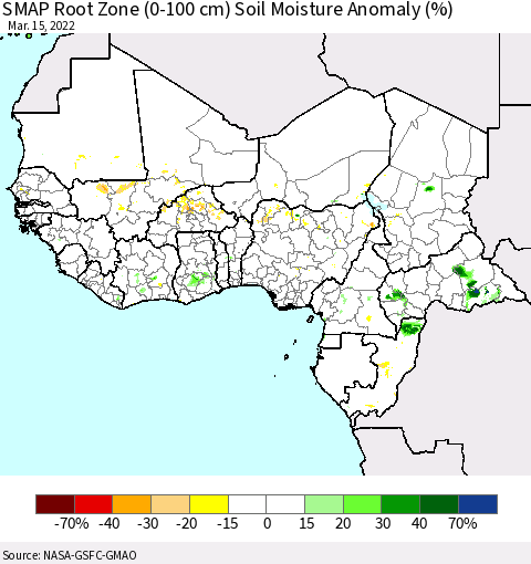 Western Africa SMAP Root Zone (0-100 cm) Soil Moisture Anomaly (%) Thematic Map For 3/11/2022 - 3/15/2022