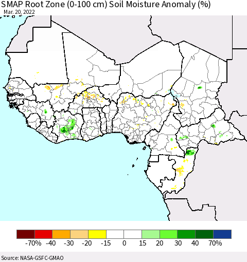 Western Africa SMAP Root Zone (0-100 cm) Soil Moisture Anomaly (%) Thematic Map For 3/16/2022 - 3/20/2022