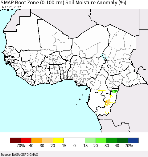 Western Africa SMAP Root Zone (0-100 cm) Soil Moisture Anomaly (%) Thematic Map For 3/21/2022 - 3/25/2022
