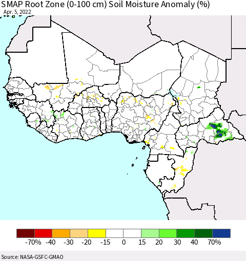 Western Africa SMAP Root Zone (0-100 cm) Soil Moisture Anomaly (%) Thematic Map For 4/1/2022 - 4/5/2022