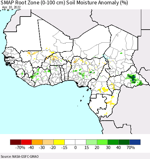 Western Africa SMAP Root Zone (0-100 cm) Soil Moisture Anomaly (%) Thematic Map For 4/6/2022 - 4/10/2022