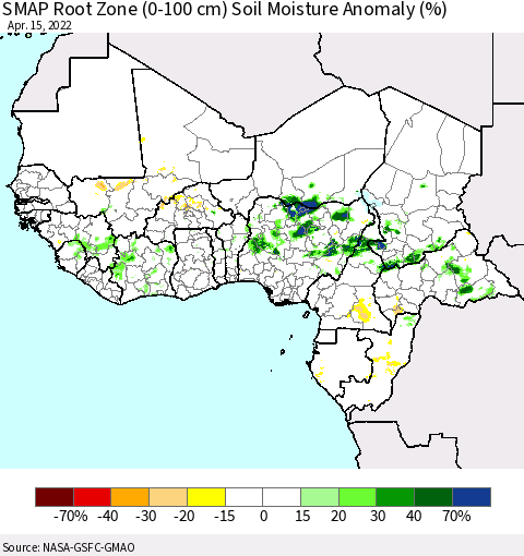 Western Africa SMAP Root Zone (0-100 cm) Soil Moisture Anomaly (%) Thematic Map For 4/11/2022 - 4/15/2022