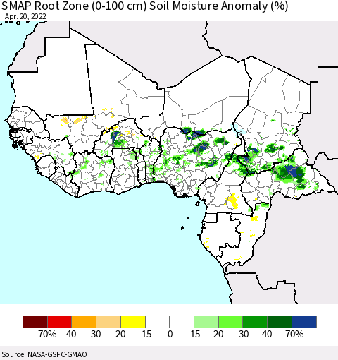 Western Africa SMAP Root Zone (0-100 cm) Soil Moisture Anomaly (%) Thematic Map For 4/16/2022 - 4/20/2022