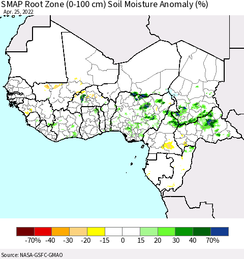 Western Africa SMAP Root Zone (0-100 cm) Soil Moisture Anomaly (%) Thematic Map For 4/21/2022 - 4/25/2022