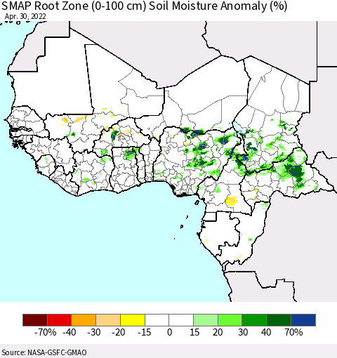 Western Africa SMAP Root Zone (0-100 cm) Soil Moisture Anomaly (%) Thematic Map For 4/26/2022 - 4/30/2022