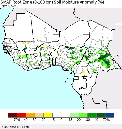 Western Africa SMAP Root Zone (0-100 cm) Soil Moisture Anomaly (%) Thematic Map For 5/1/2022 - 5/5/2022