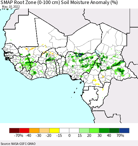 Western Africa SMAP Root Zone (0-100 cm) Soil Moisture Anomaly (%) Thematic Map For 5/6/2022 - 5/10/2022