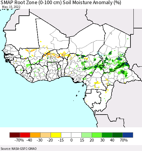 Western Africa SMAP Root Zone (0-100 cm) Soil Moisture Anomaly (%) Thematic Map For 5/11/2022 - 5/15/2022