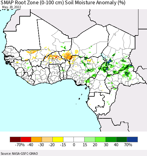 Western Africa SMAP Root Zone (0-100 cm) Soil Moisture Anomaly (%) Thematic Map For 5/16/2022 - 5/20/2022
