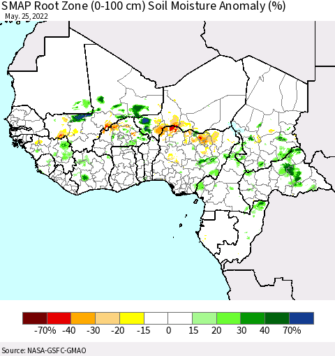 Western Africa SMAP Root Zone (0-100 cm) Soil Moisture Anomaly (%) Thematic Map For 5/21/2022 - 5/25/2022