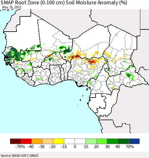Western Africa SMAP Root Zone (0-100 cm) Soil Moisture Anomaly (%) Thematic Map For 5/26/2022 - 5/31/2022
