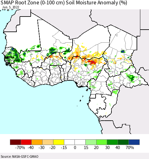 Western Africa SMAP Root Zone (0-100 cm) Soil Moisture Anomaly (%) Thematic Map For 6/1/2022 - 6/5/2022
