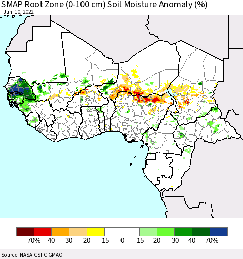 Western Africa SMAP Root Zone (0-100 cm) Soil Moisture Anomaly (%) Thematic Map For 6/6/2022 - 6/10/2022
