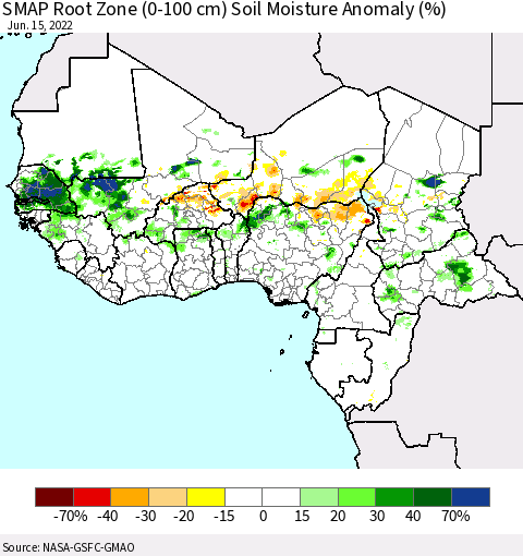 Western Africa SMAP Root Zone (0-100 cm) Soil Moisture Anomaly (%) Thematic Map For 6/11/2022 - 6/15/2022