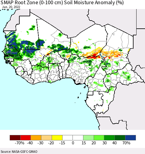 Western Africa SMAP Root Zone (0-100 cm) Soil Moisture Anomaly (%) Thematic Map For 6/16/2022 - 6/20/2022