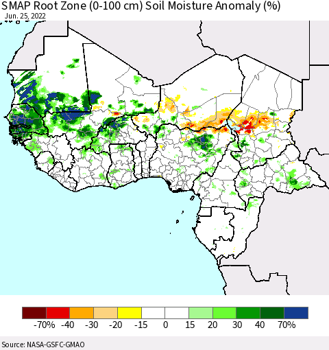 Western Africa SMAP Root Zone (0-100 cm) Soil Moisture Anomaly (%) Thematic Map For 6/21/2022 - 6/25/2022