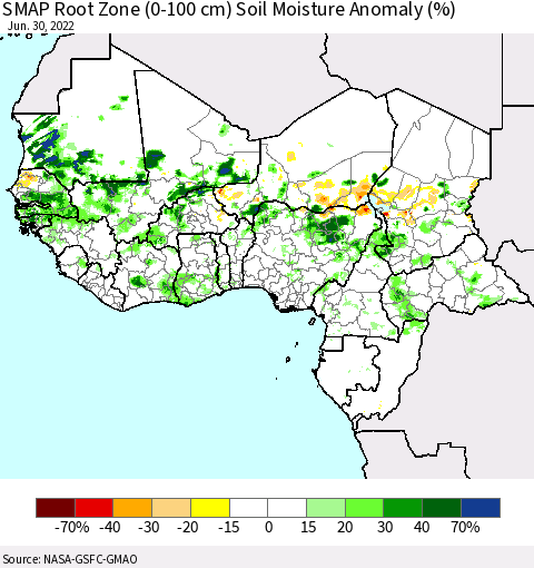 Western Africa SMAP Root Zone (0-100 cm) Soil Moisture Anomaly (%) Thematic Map For 6/26/2022 - 6/30/2022