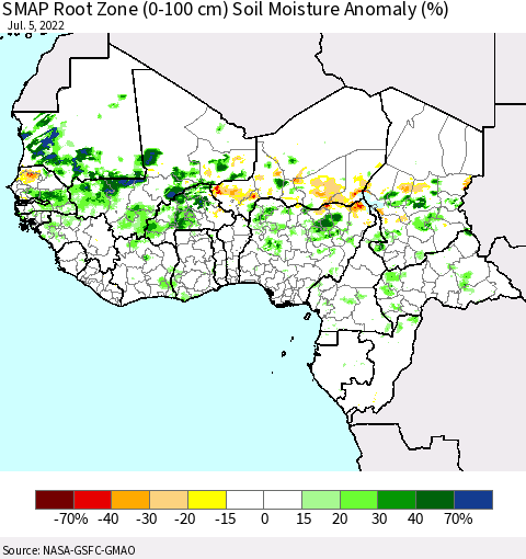 Western Africa SMAP Root Zone (0-100 cm) Soil Moisture Anomaly (%) Thematic Map For 7/1/2022 - 7/5/2022