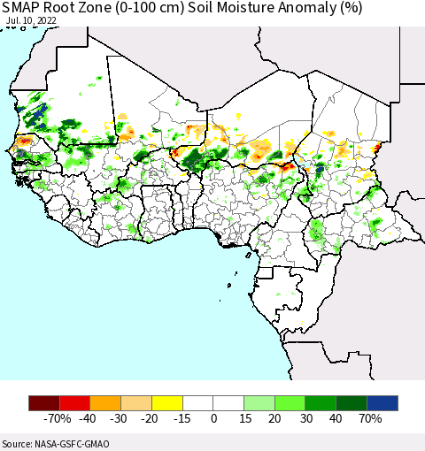 Western Africa SMAP Root Zone (0-100 cm) Soil Moisture Anomaly (%) Thematic Map For 7/6/2022 - 7/10/2022