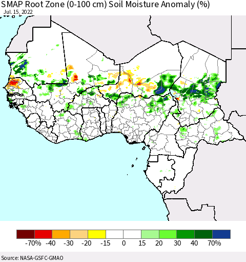 Western Africa SMAP Root Zone (0-100 cm) Soil Moisture Anomaly (%) Thematic Map For 7/11/2022 - 7/15/2022