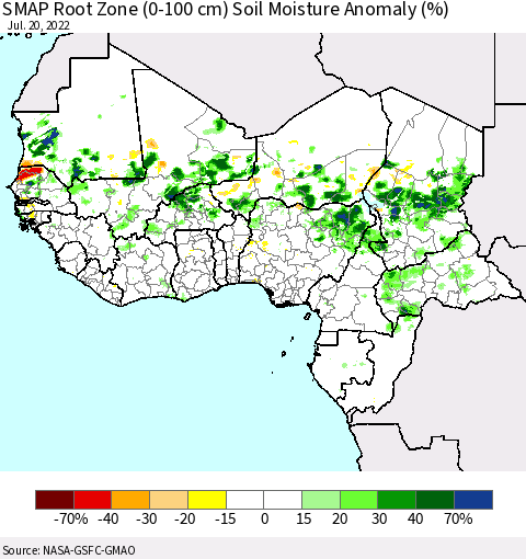 Western Africa SMAP Root Zone (0-100 cm) Soil Moisture Anomaly (%) Thematic Map For 7/16/2022 - 7/20/2022