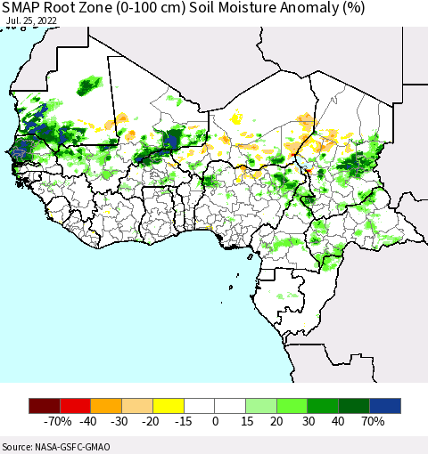 Western Africa SMAP Root Zone (0-100 cm) Soil Moisture Anomaly (%) Thematic Map For 7/21/2022 - 7/25/2022