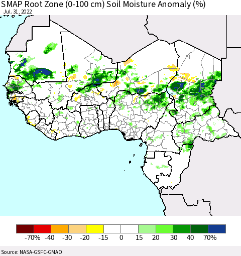 Western Africa SMAP Root Zone (0-100 cm) Soil Moisture Anomaly (%) Thematic Map For 7/26/2022 - 7/31/2022