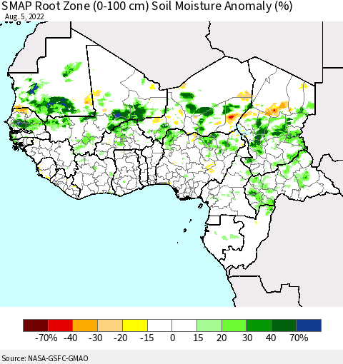 Western Africa SMAP Root Zone (0-100 cm) Soil Moisture Anomaly (%) Thematic Map For 8/1/2022 - 8/5/2022