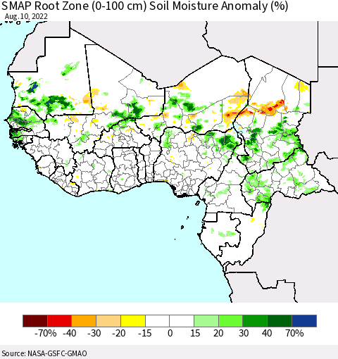 Western Africa SMAP Root Zone (0-100 cm) Soil Moisture Anomaly (%) Thematic Map For 8/6/2022 - 8/10/2022