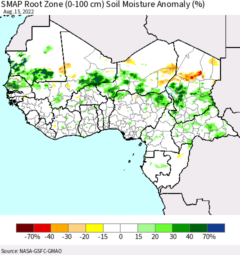 Western Africa SMAP Root Zone (0-100 cm) Soil Moisture Anomaly (%) Thematic Map For 8/11/2022 - 8/15/2022