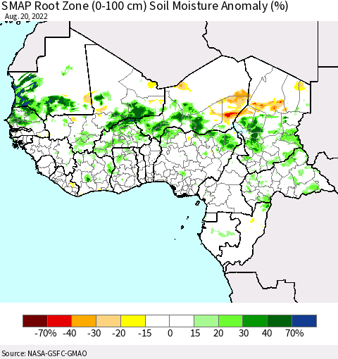 Western Africa SMAP Root Zone (0-100 cm) Soil Moisture Anomaly (%) Thematic Map For 8/16/2022 - 8/20/2022